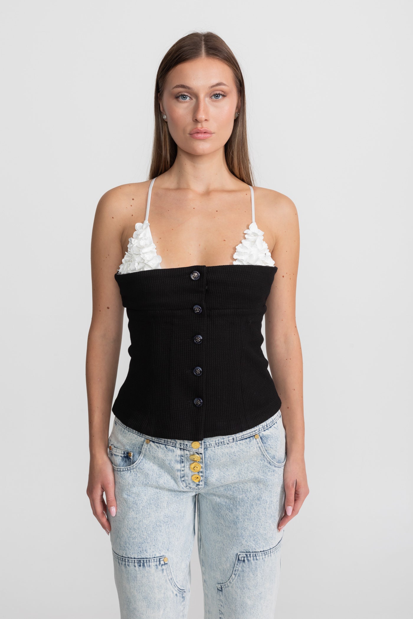 Contrast Floral Appliqué Bustier Top – Black/White