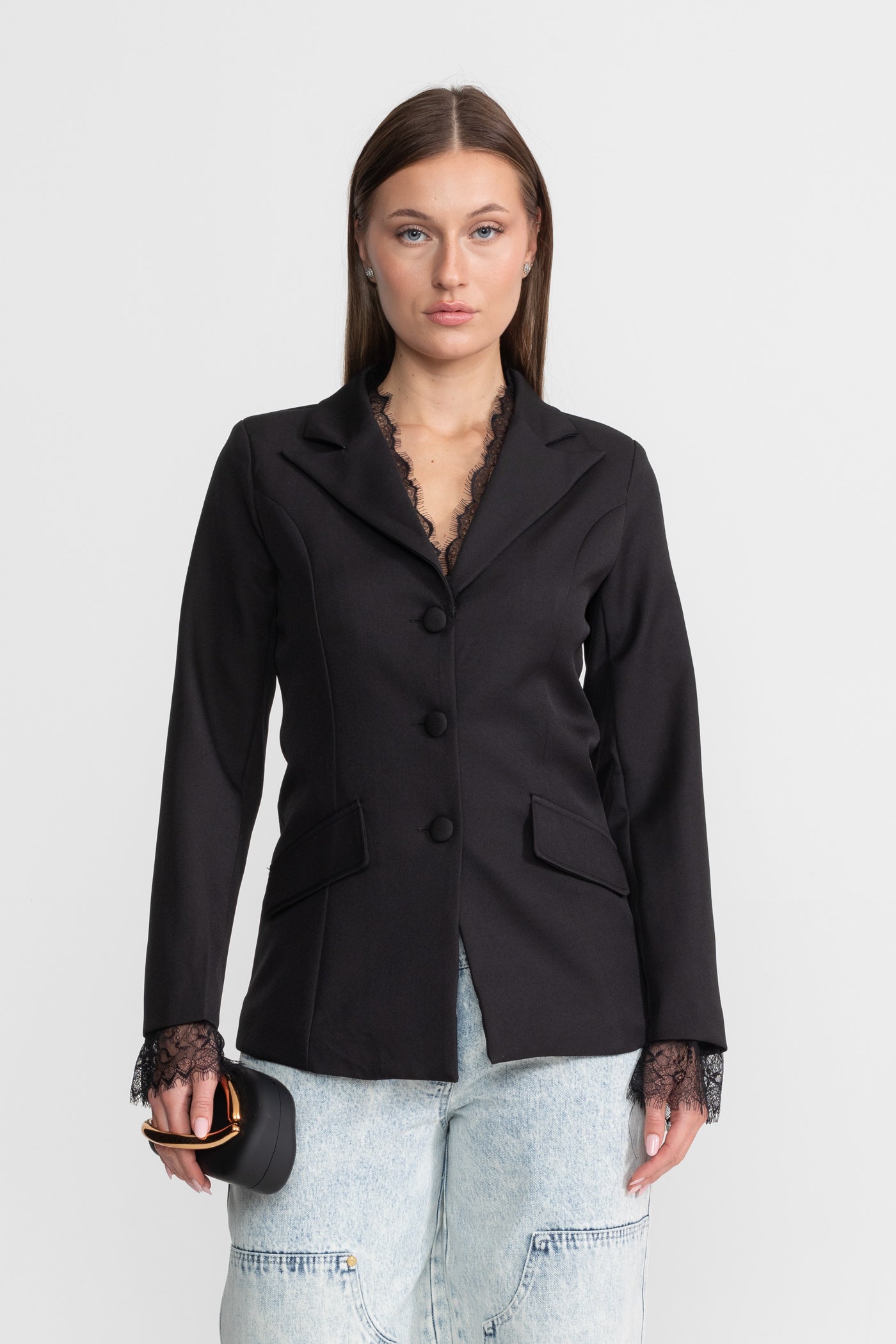 Tailored Lace-Trim Blazer With Tonal Button Closure – Black