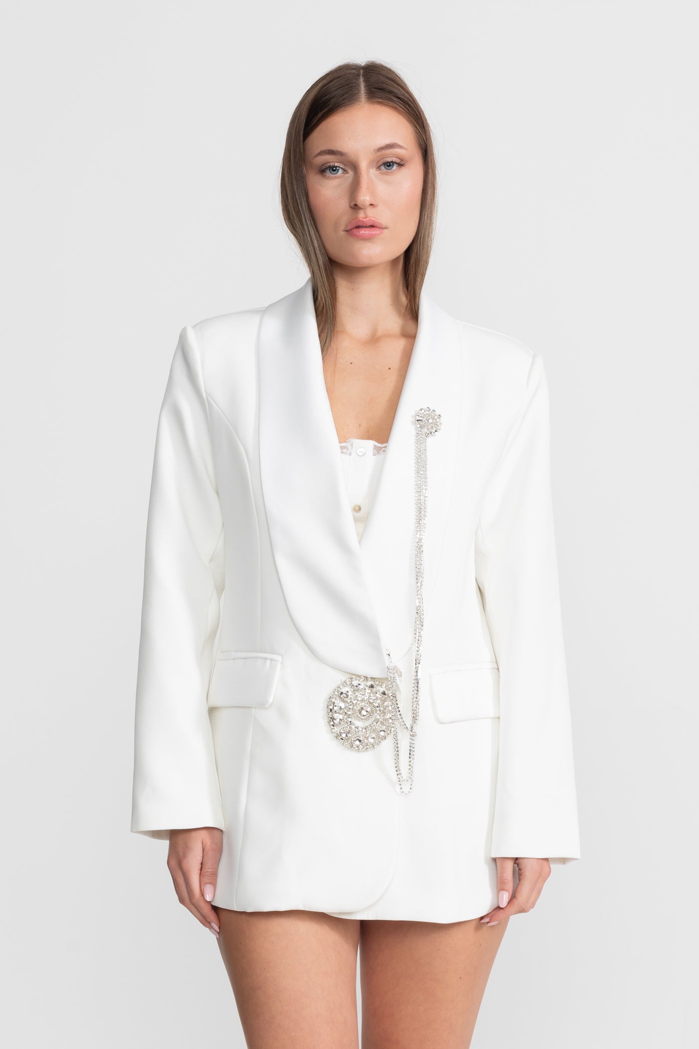 Crystal Brooch Blazer With Shawl Lapels – White