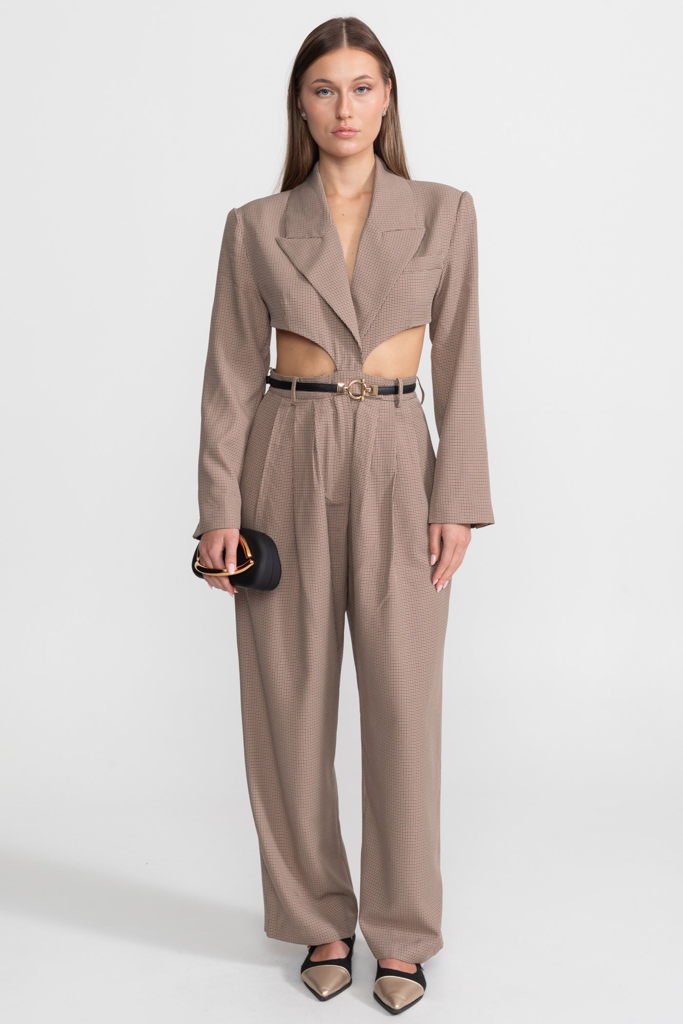 Cut-Out Suit Set With Slim Black Waistbelt – Taupe Check
