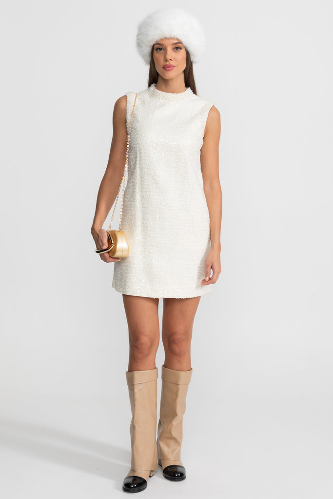 Sequin Tweed Mini Dress with Beaded Collar  – White