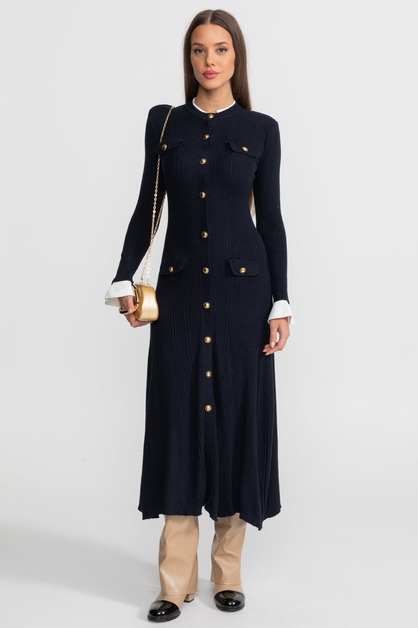 Ribbed Knit Midi Dress with Gold Button Fastening - Dark Blue