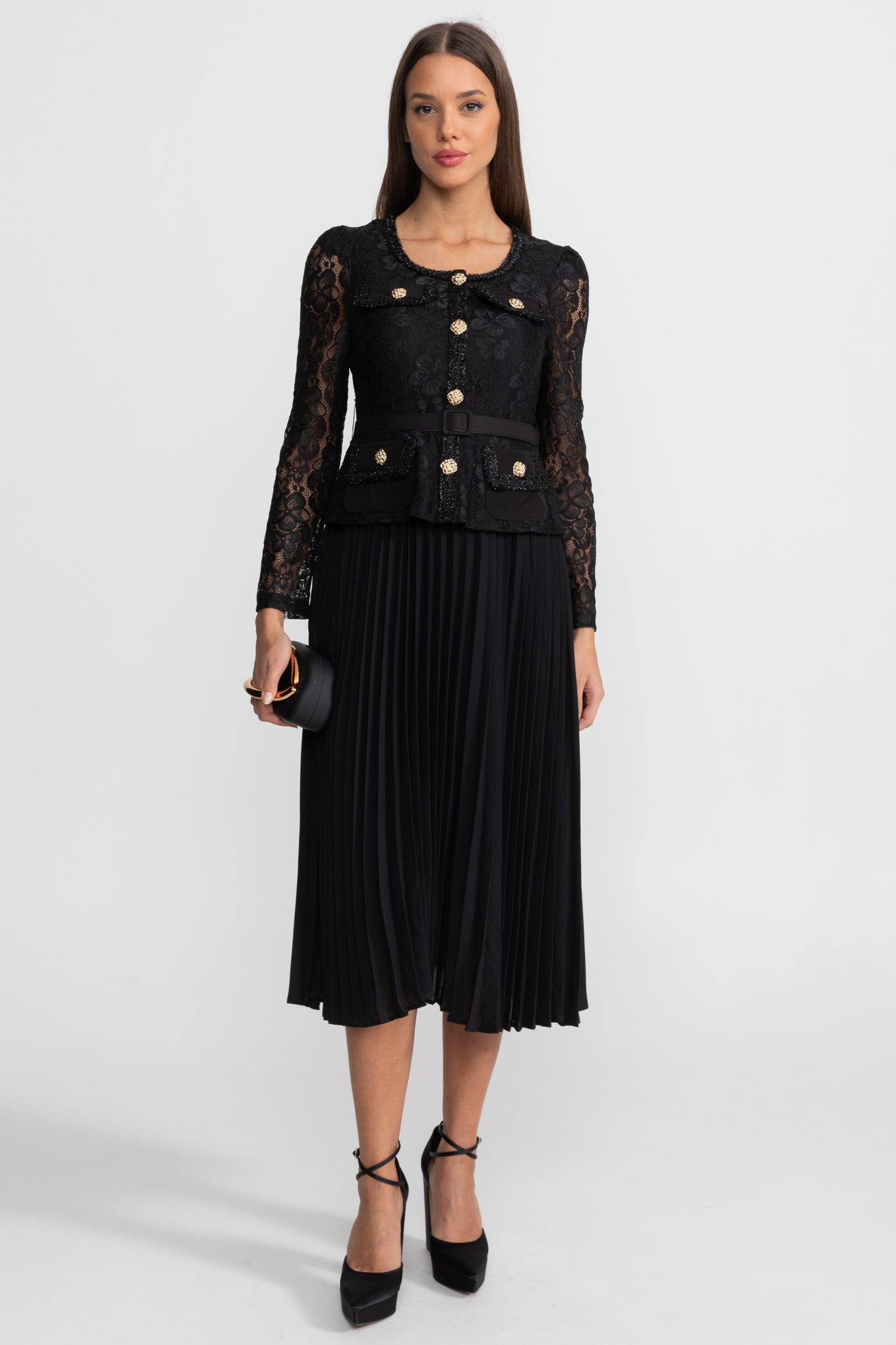 Lace and Pleated Midi Dress with Gold Button Detailing - Black