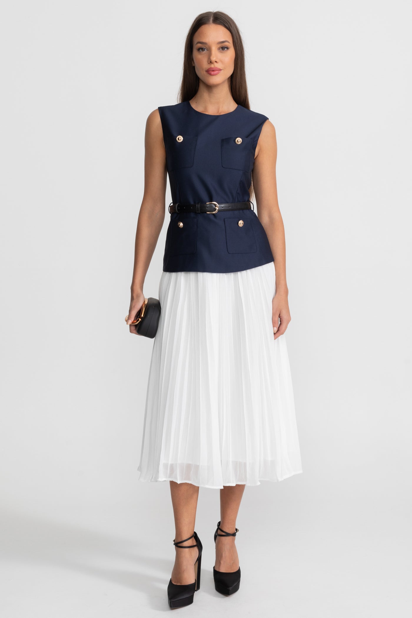 Sleeveless Midi Dress with Belted Waist and Contrast Skirt - Navy