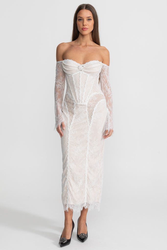 Off-Shoulder Lace Midi Dress with Pearl-Trimmed Bustier - Ivoire