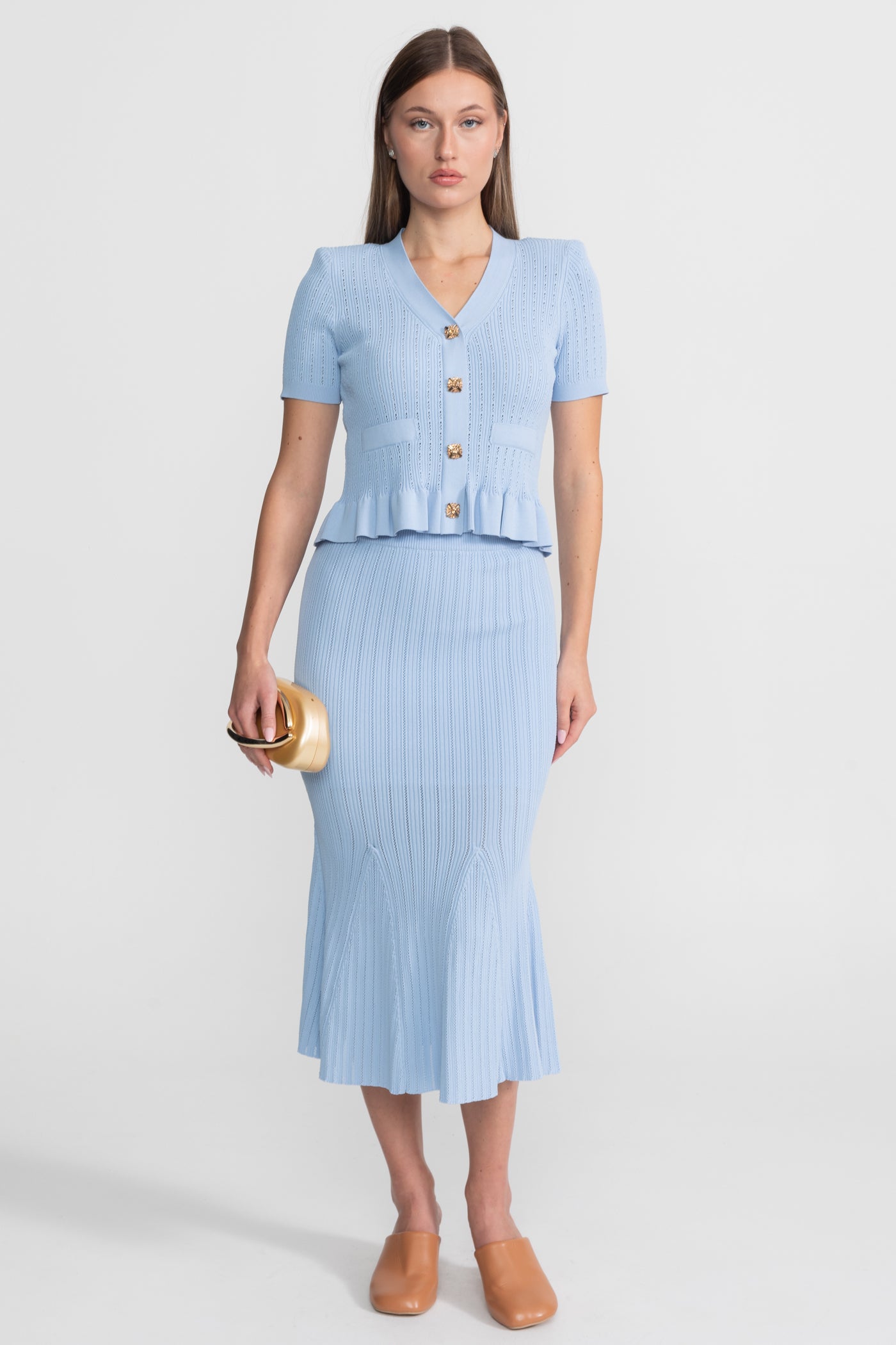 Knit Midi Dress with Peplum Waist and Gold Buttons  – Baby Blue
