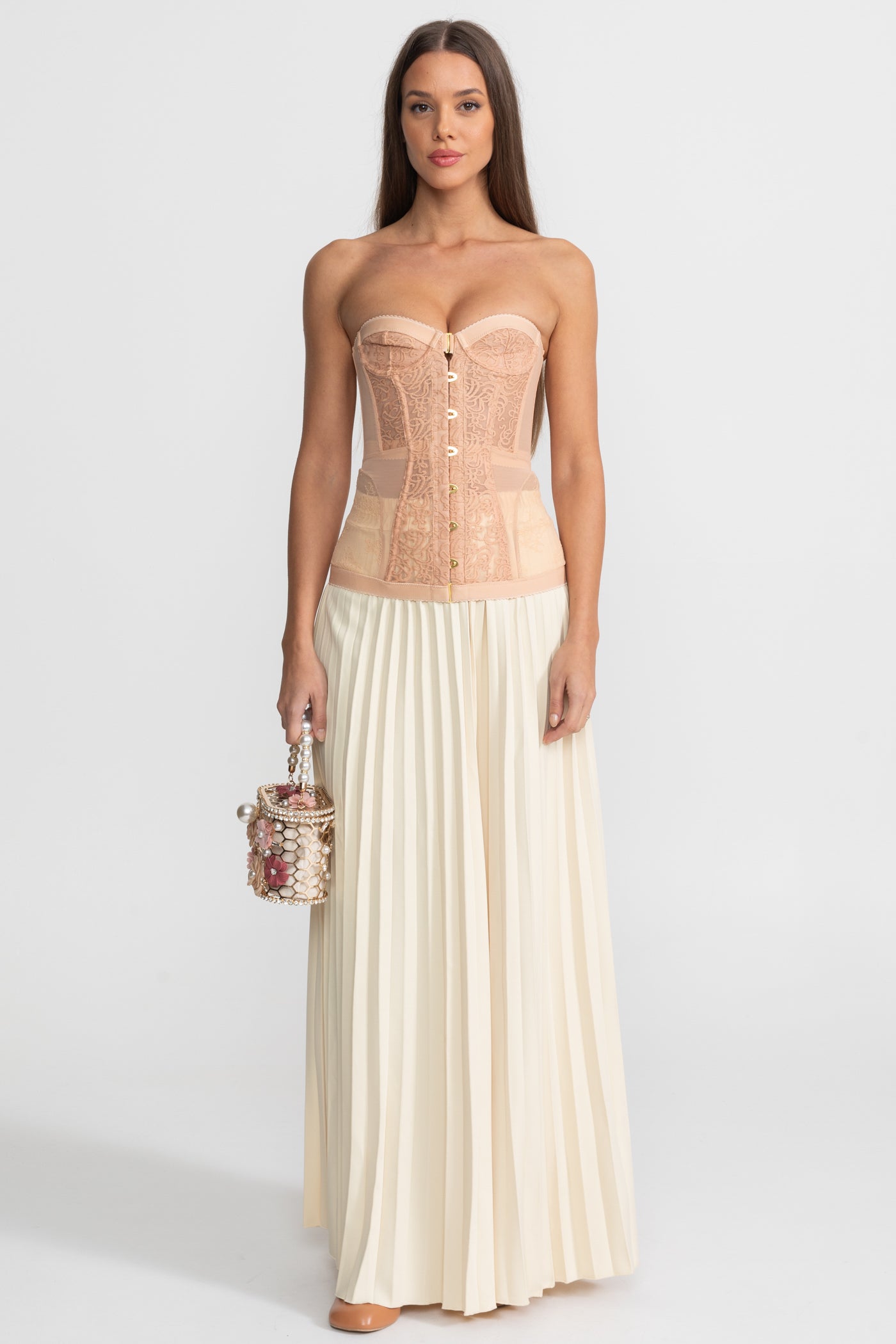 Strapless Lace Corset Top with Boning and Front Closure - Nude