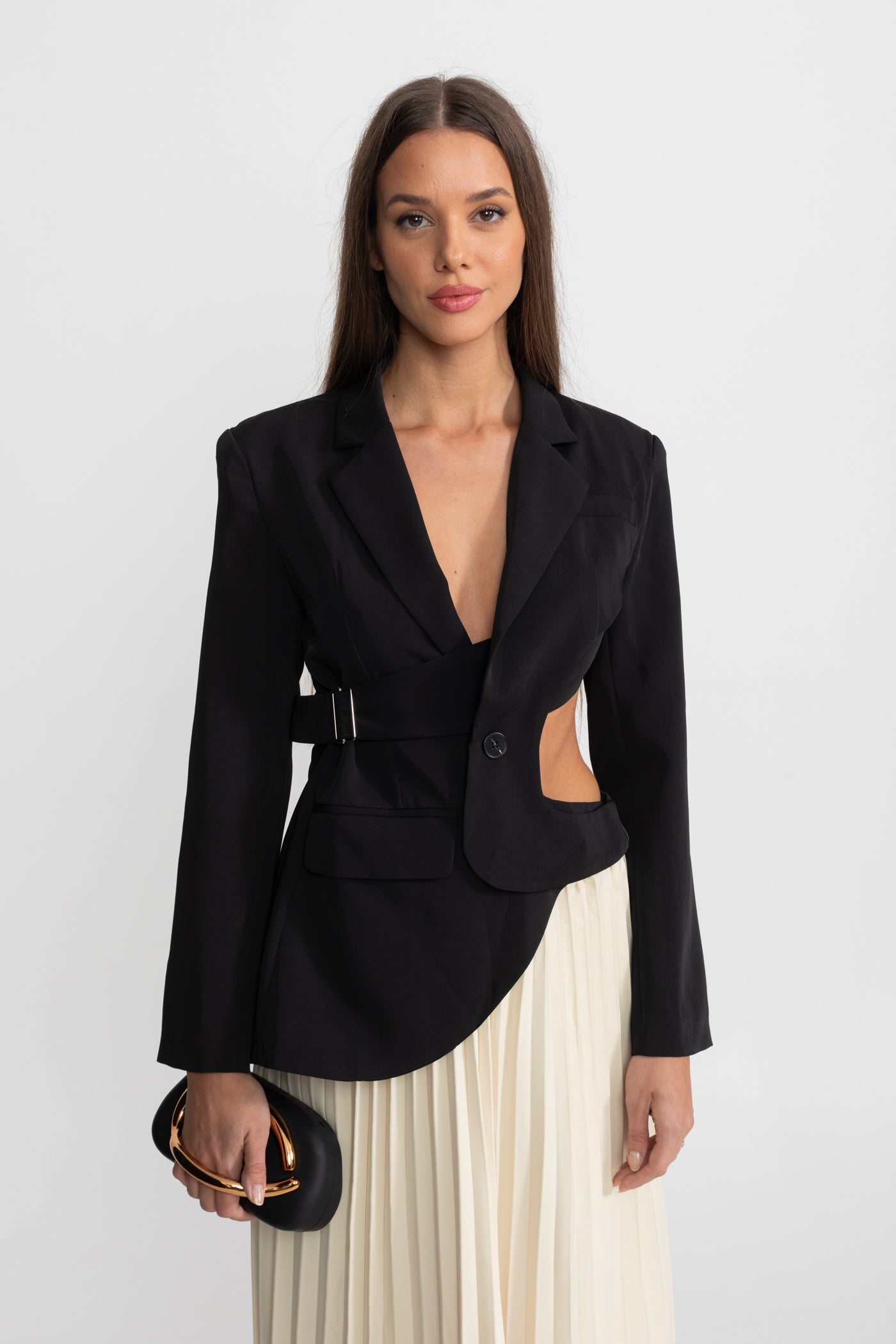 Asymmetric Cut-Out Blazer with Belt Detail - Black