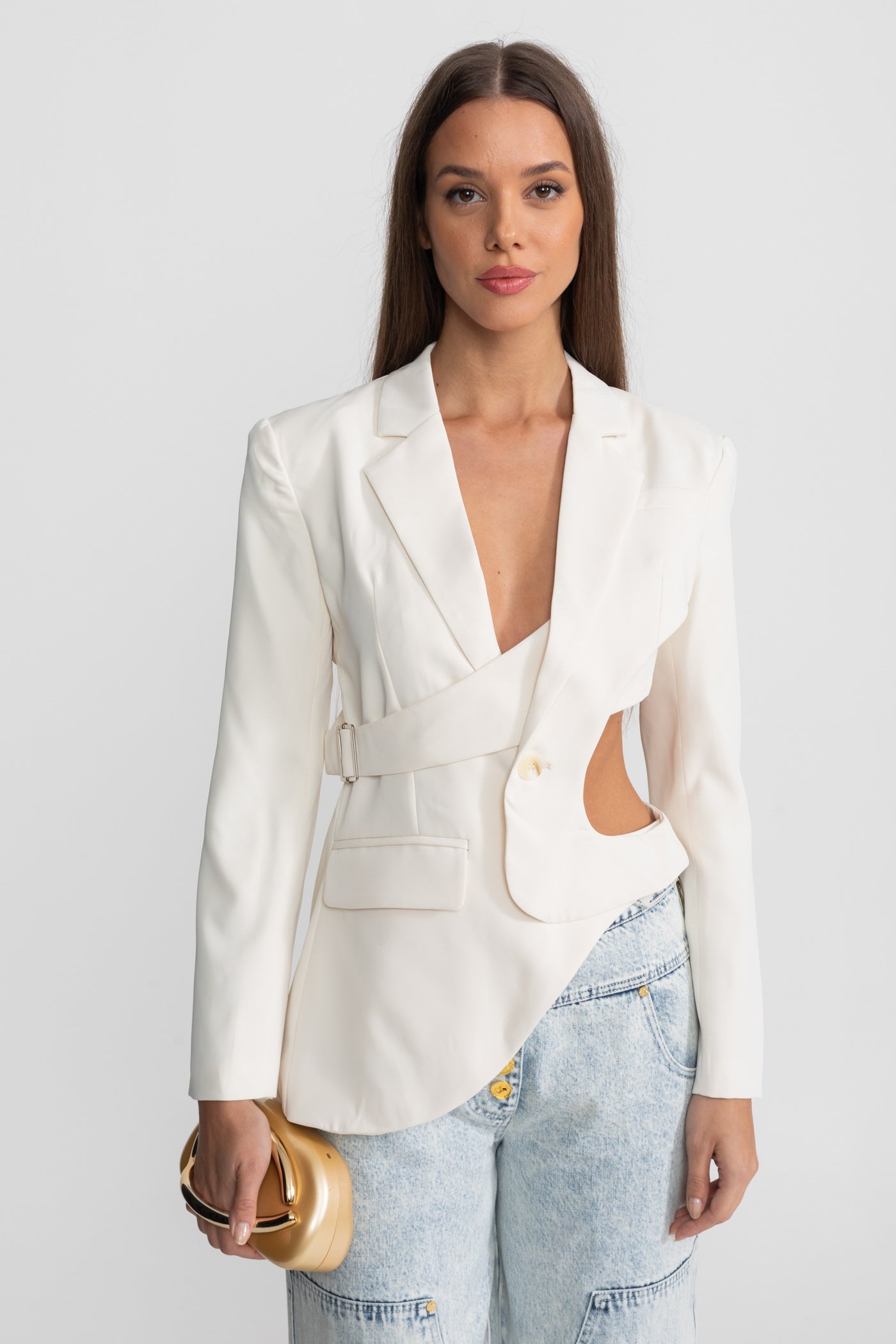 Asymmetric Cut-Out Blazer with Belt Detail - White