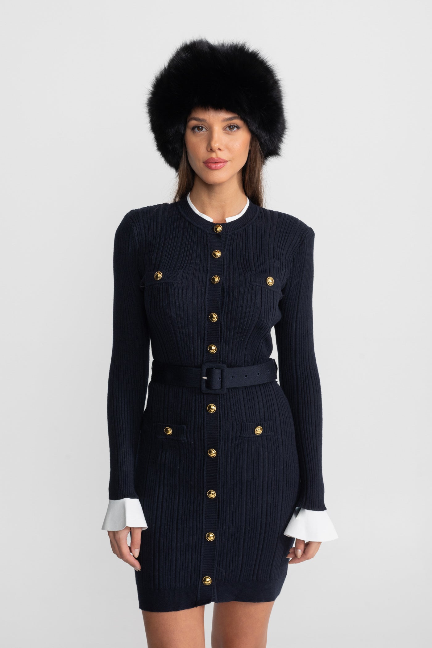 Ribbed Knit Mini Dress with Gold Button Fastening - Dark Blue
