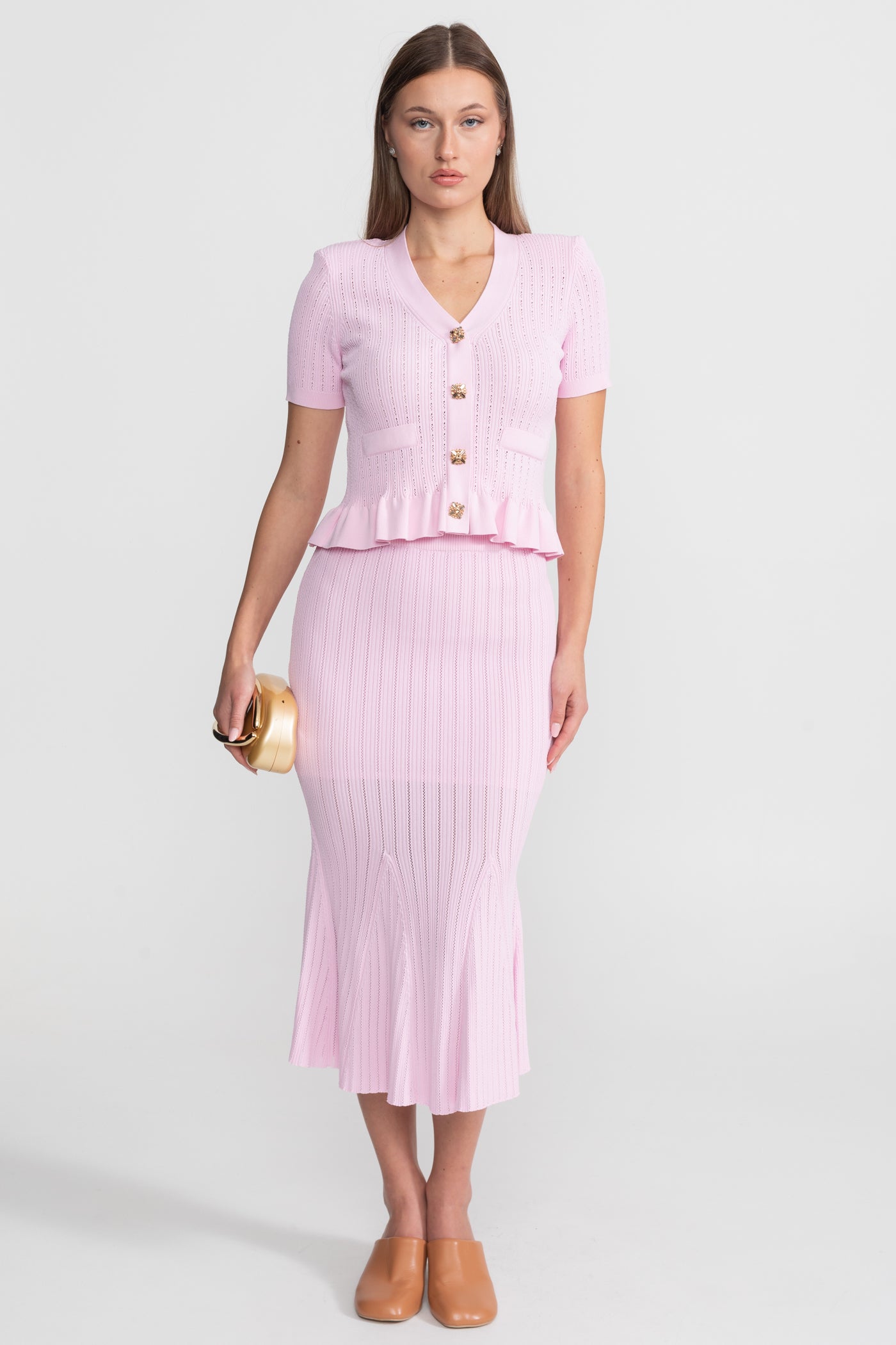 Knit Midi Dress with Peplum Waist and Gold Buttons  – Pink