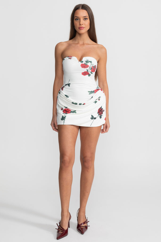 Strapless Floral Mini Dress with Draped Skirt - White