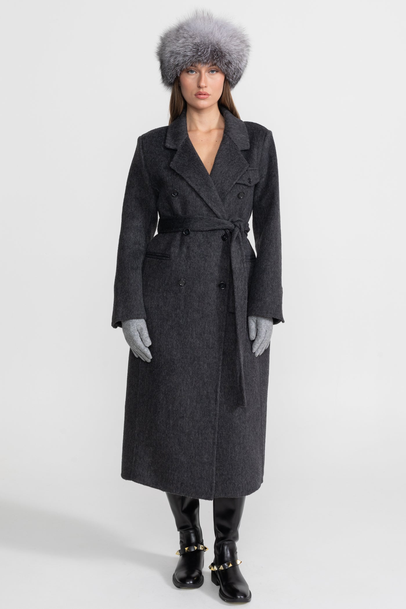 Double-Breasted Wool Coat With Waist Belt – Charcoal Grey