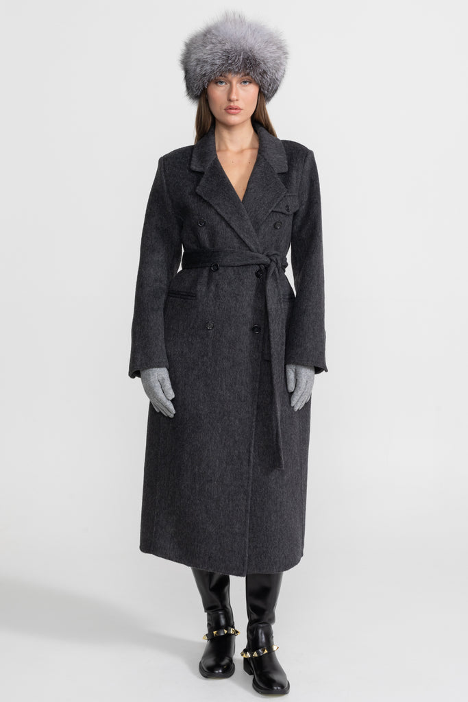 Double-Breasted Wool Coat With Waist Belt – Charcoal Grey
