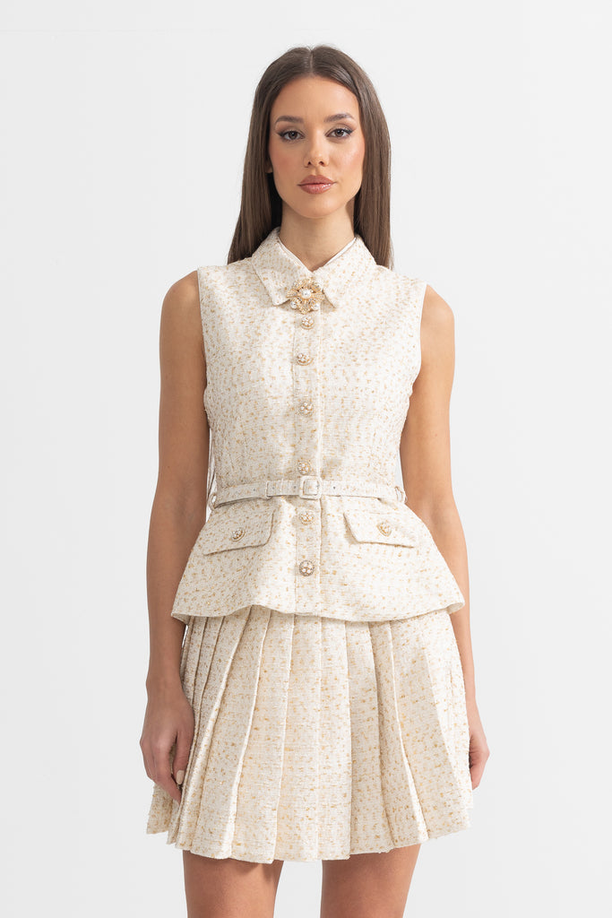 Sleeveless Textured Mini Dress With Pleated Skirt And Waistbelt - Ivoire