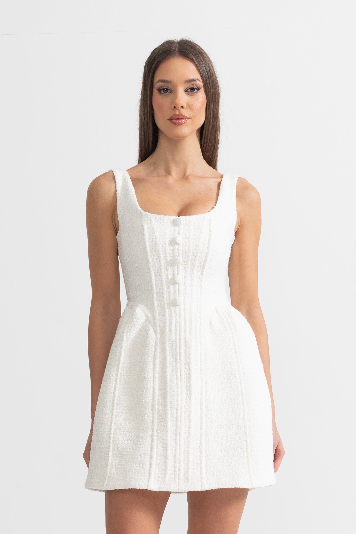 Textured Sleeveless Mini Dress With Fitted Bodice  - Ivoire