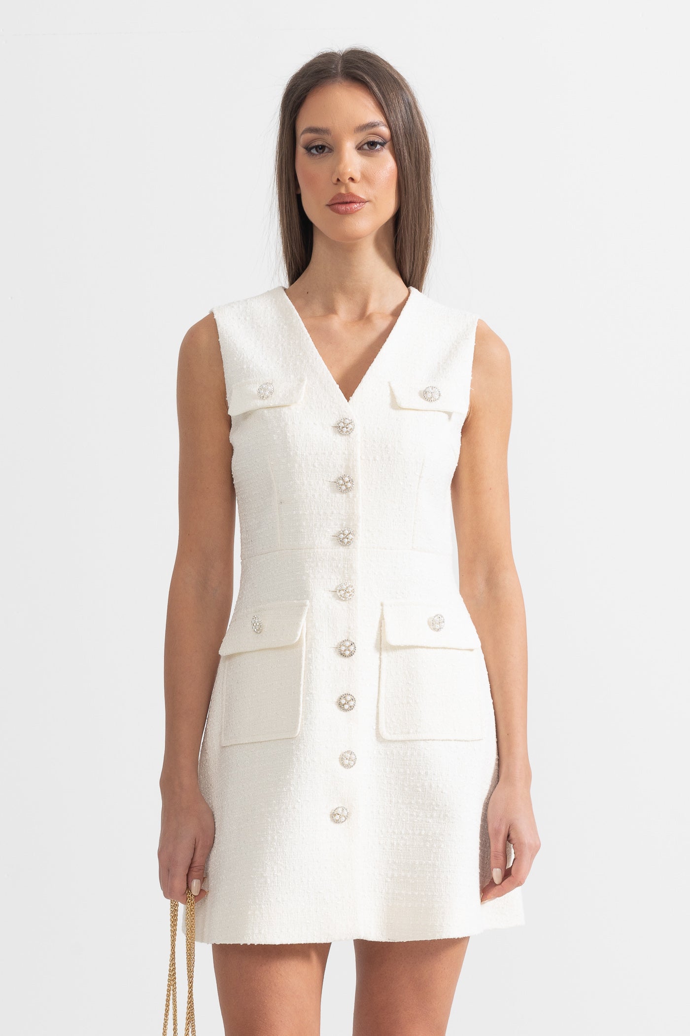 Textured Sleeveless Dress With Front Pockets - White