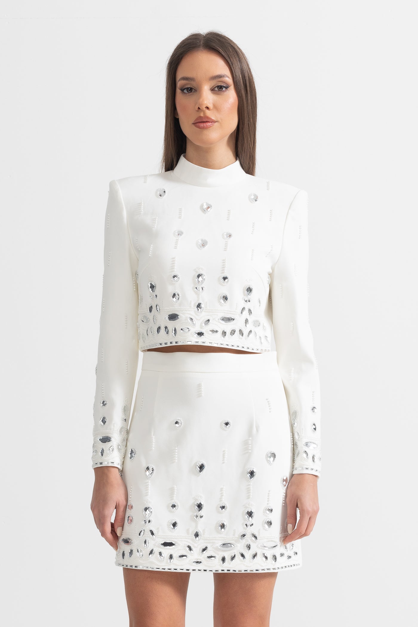 Diamond Embellished Co-Ord with Mini Skirt - White