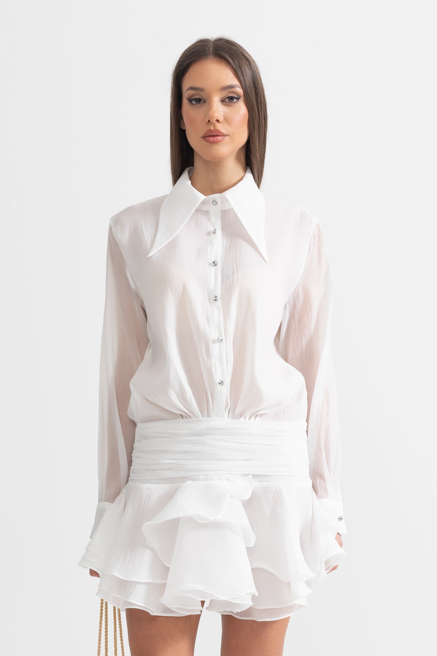 Button-Up Shirt With Cinched Waist - White