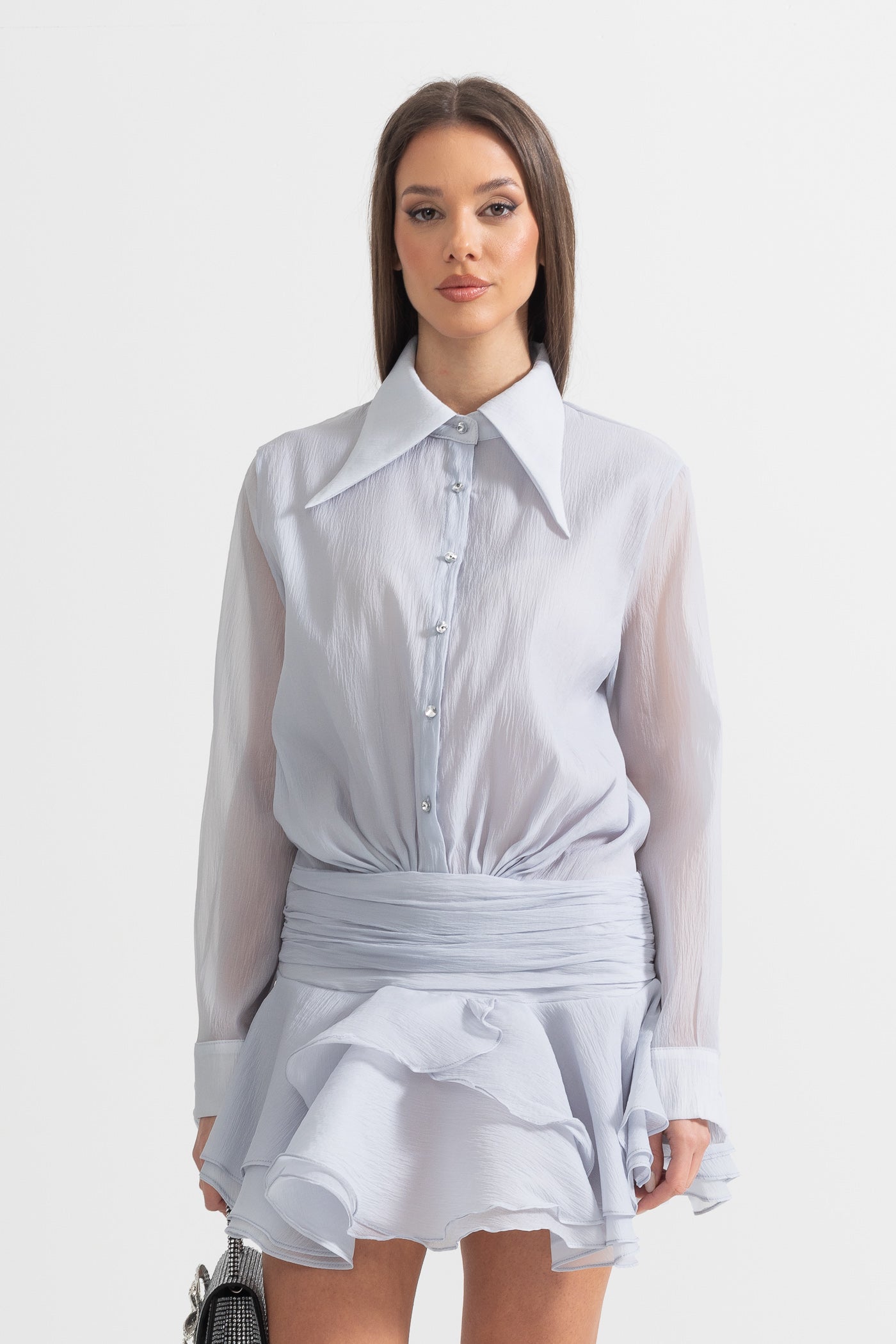 Button-Up Shirt With Cinched Waist - Gray