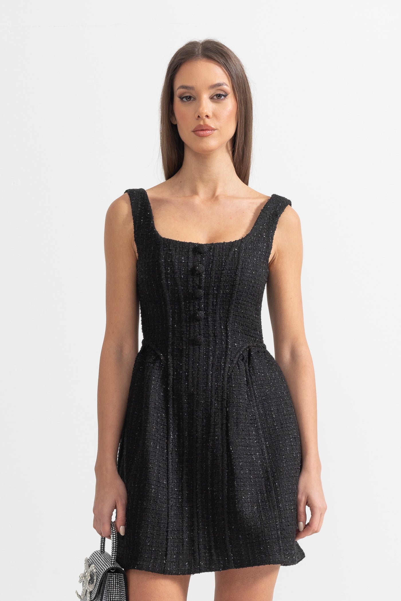 Textured Sleeveless Mini Dress With Fitted Bodice  - Black