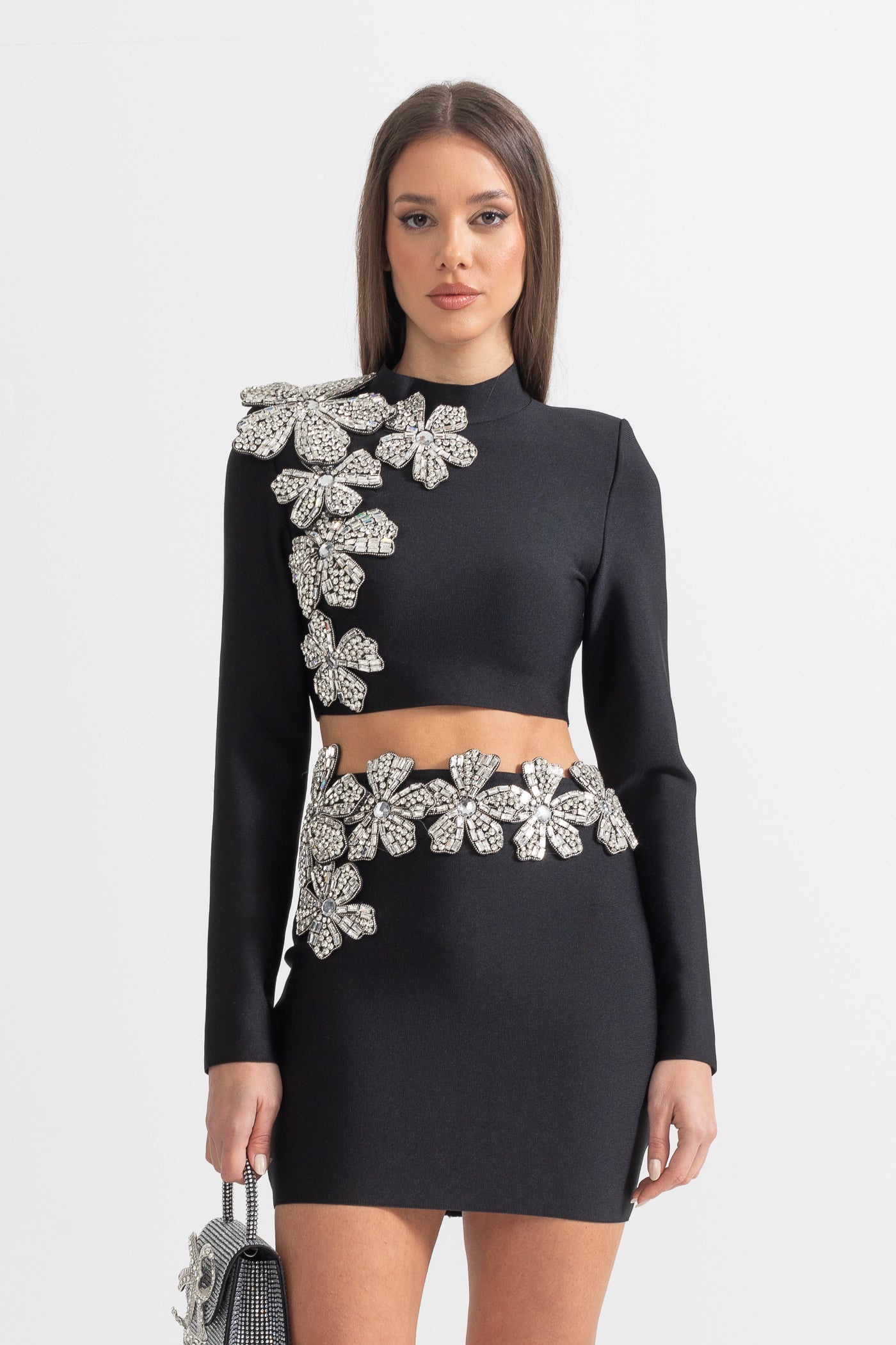 Diamond Flower Accent 2 Piece Set With Long Sleeves Top And Mini Skirt - Black