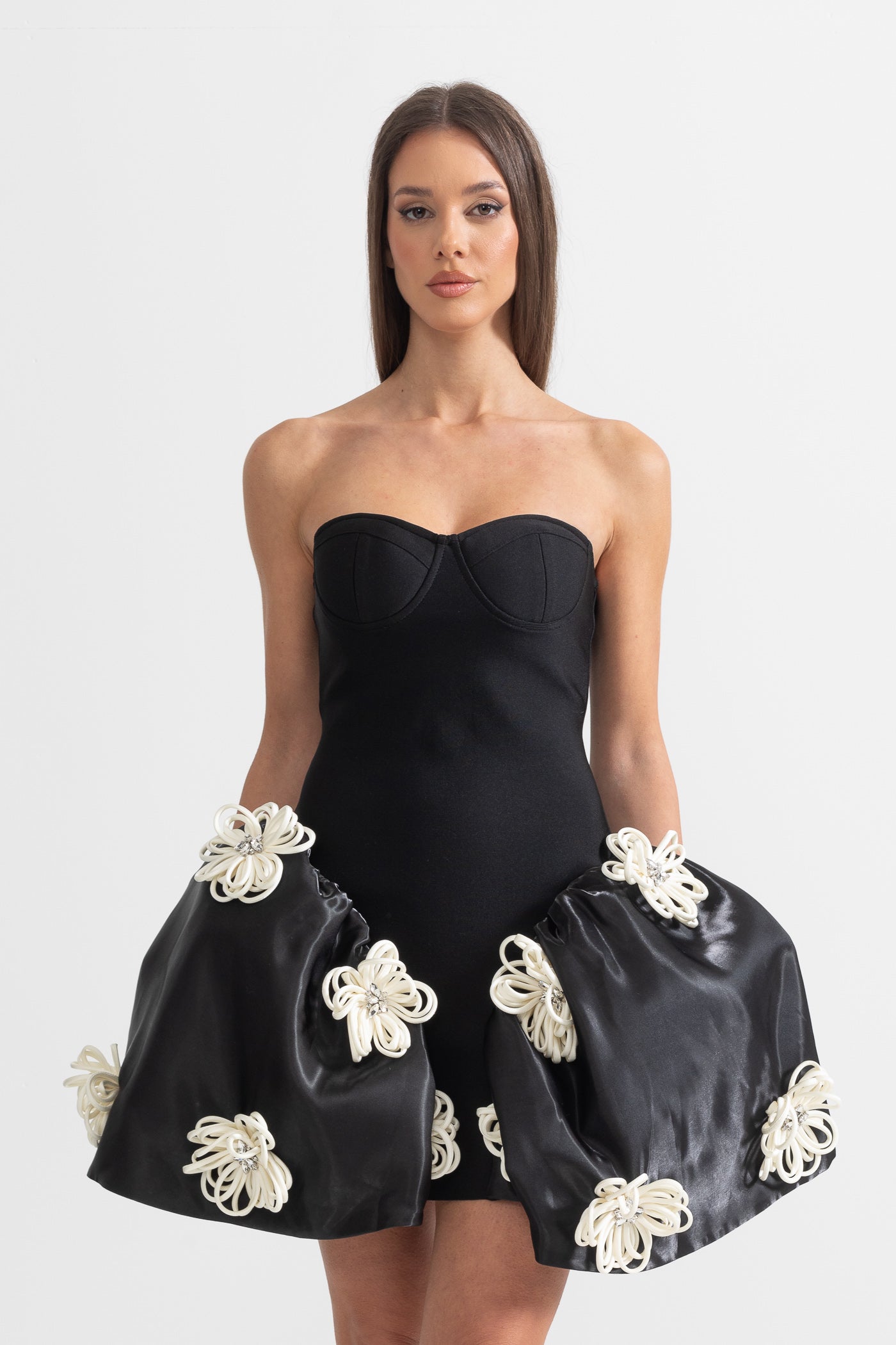 Elegant Mini Dress With 3D Silver Flower Embellishments - Black