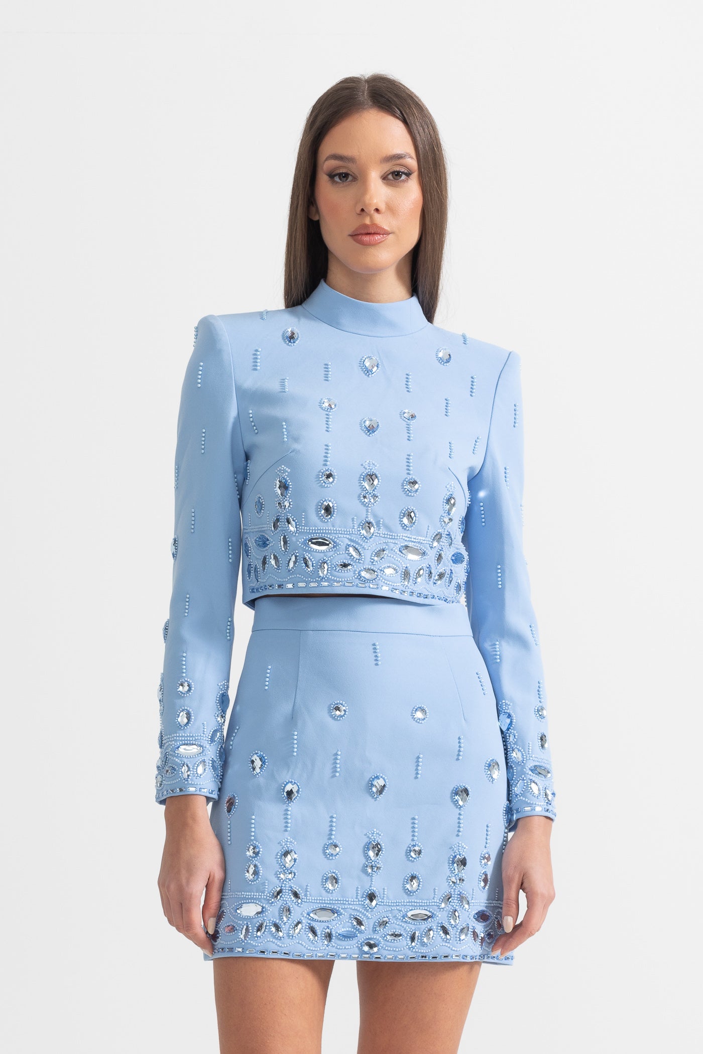 Diamond Embellished Co-Ord with Mini Skirt - Baby Blue