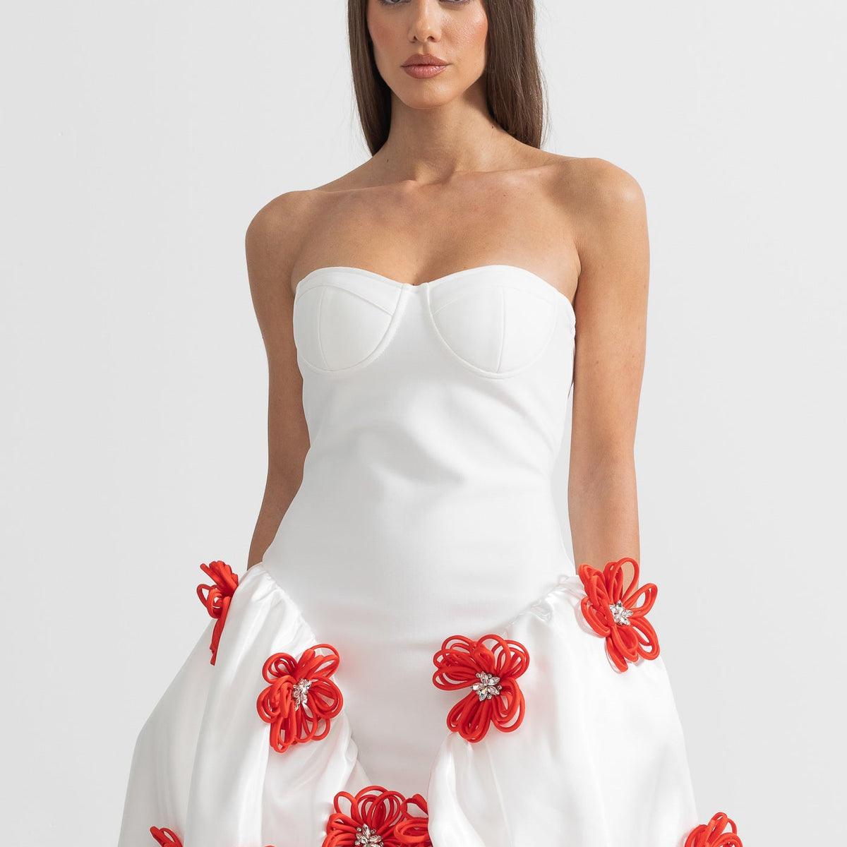 open lace back dress A-Line Scoop Knee-Length Champagne Homecoming Dress with Red Flowers,MH476  – Musebridals main image 1
