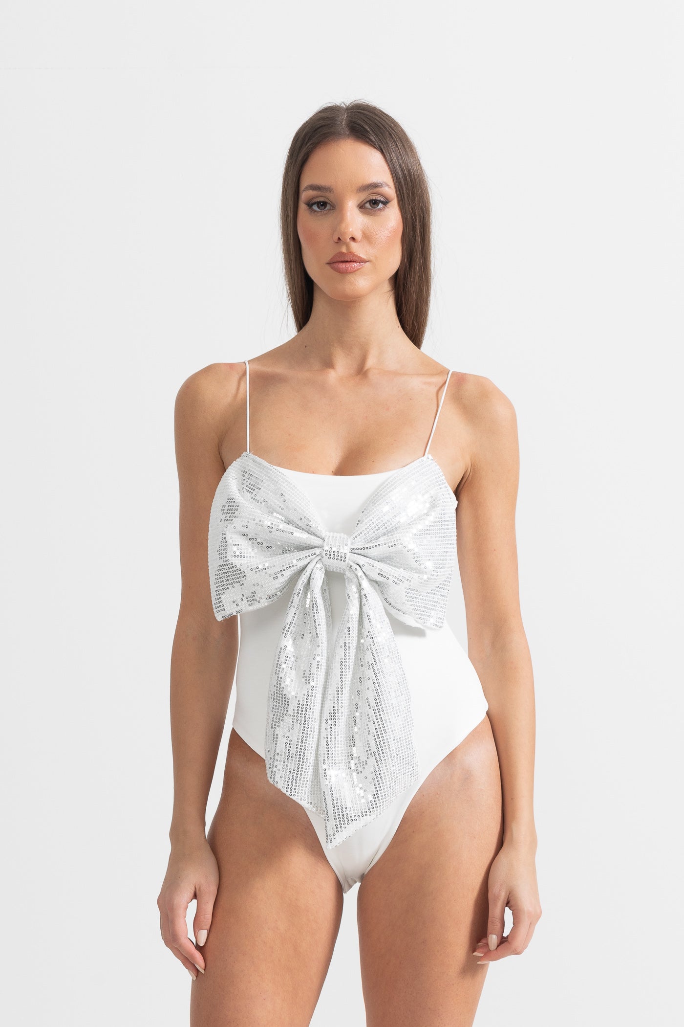 Bodysuit With Large Front Sequin Bow - White