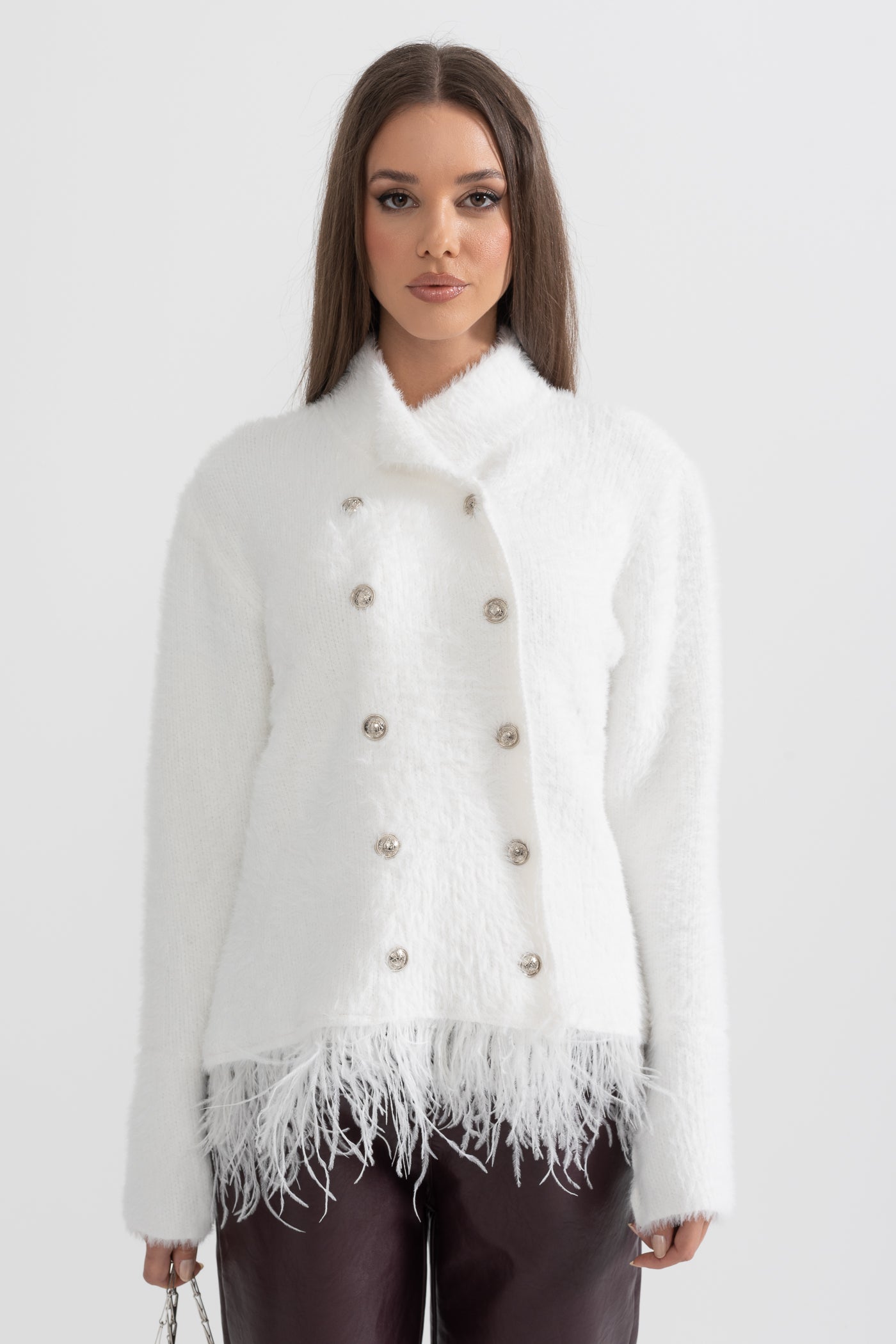 Double Breasted Textured Jacket With Fringed Hem - White