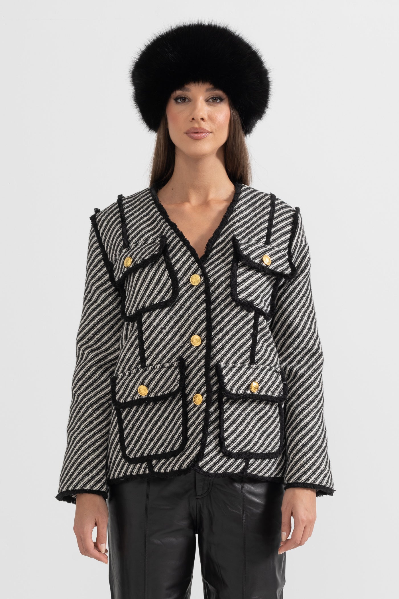 Striped Tweed Blazer - Black and White