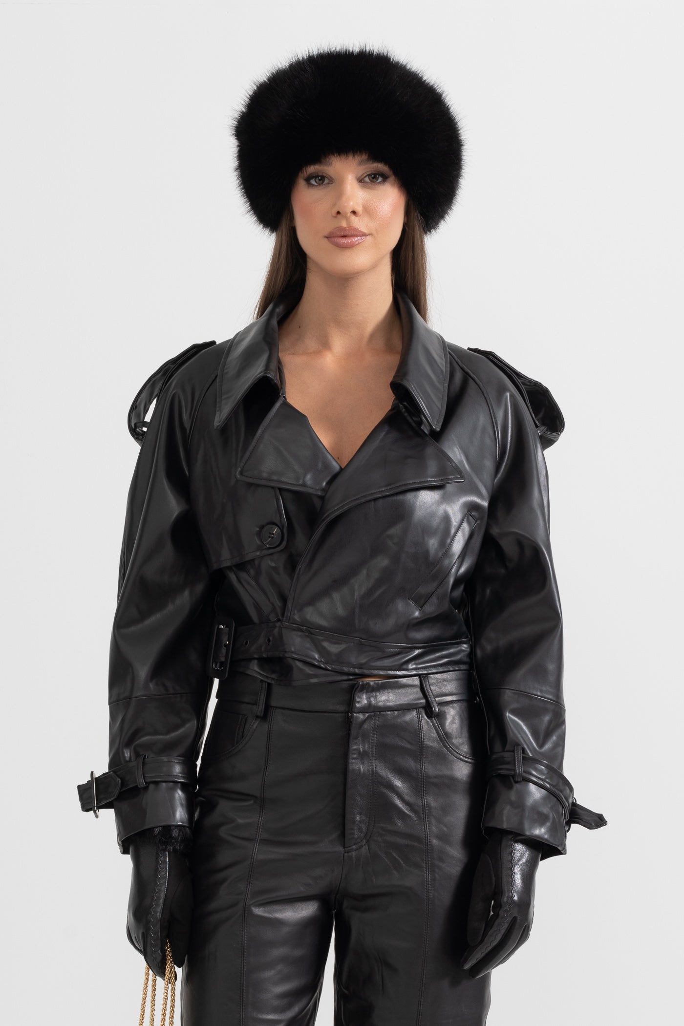 Double Breasted Vegan Leather Jacket - Black