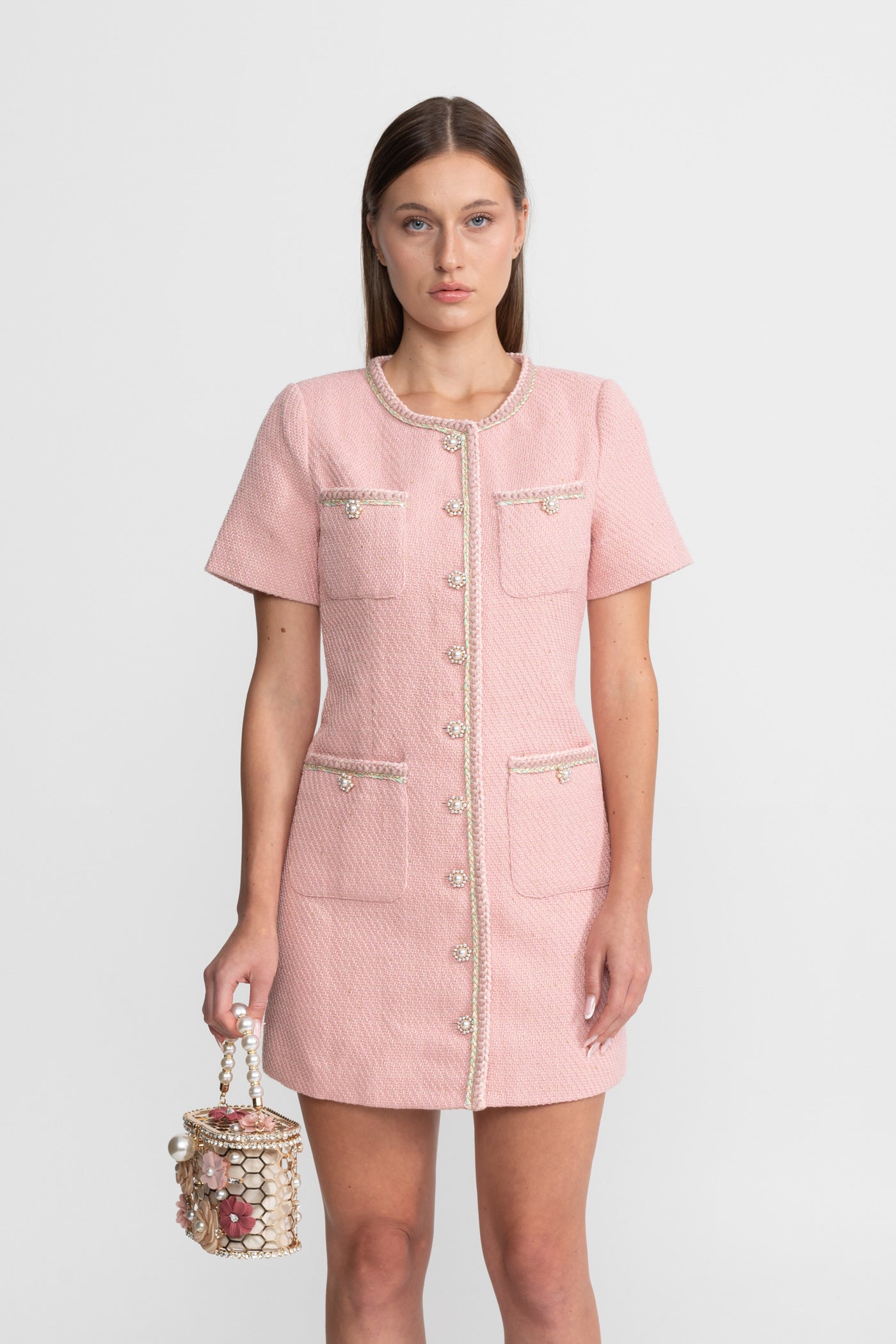 Short Sleeve Tweed Mini Dress With Pearl Buttons – Blush Pink