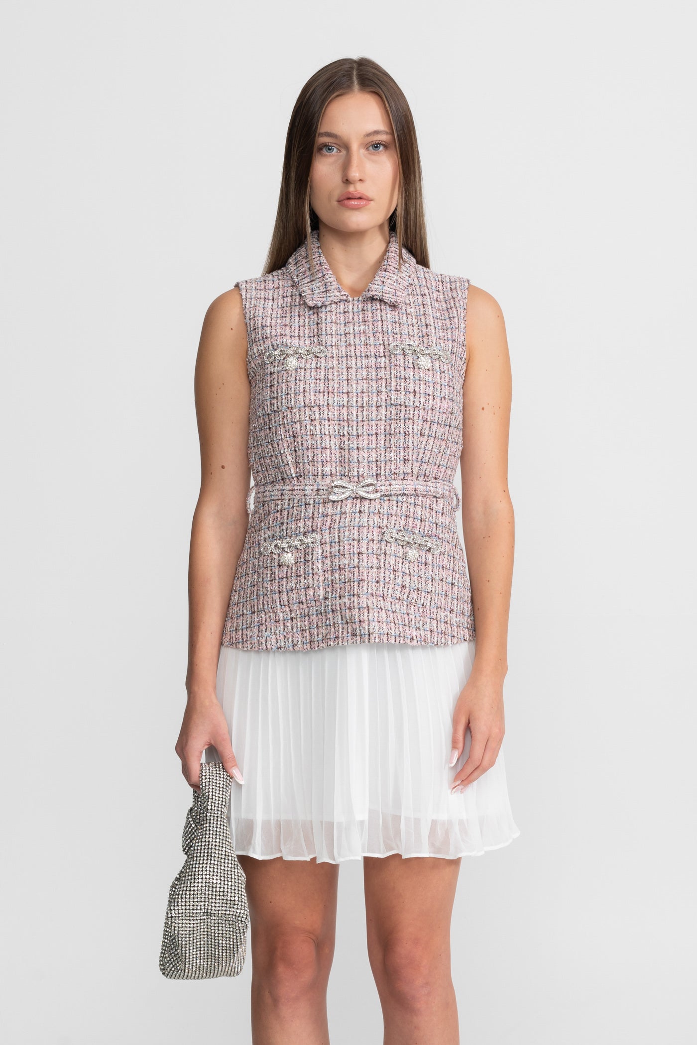 Tweed Vest Dress with Pleated Skirt Detail - Pink/White