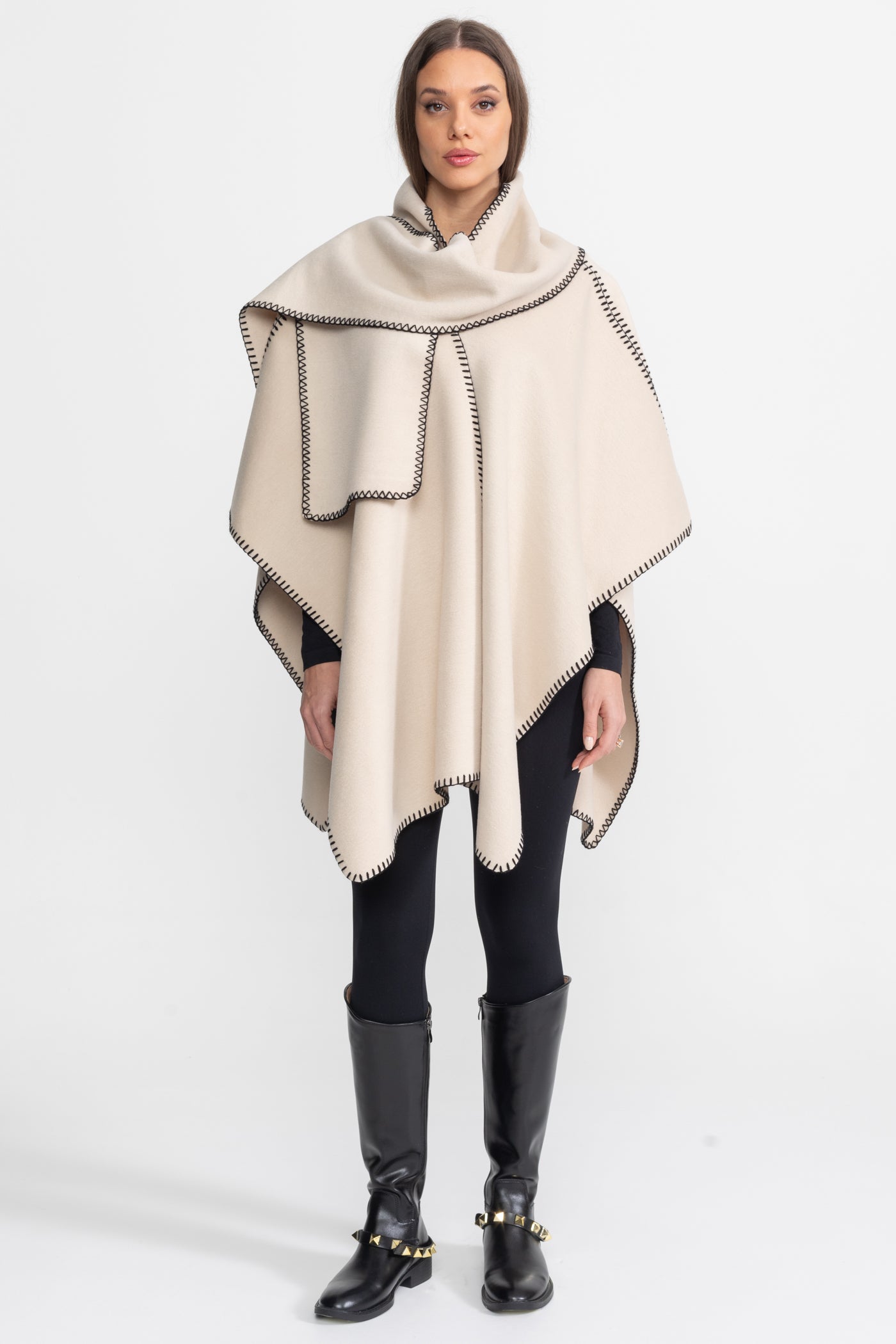 Wool Blend Poncho with Contrast Whipstitch Edging – Ivoire
