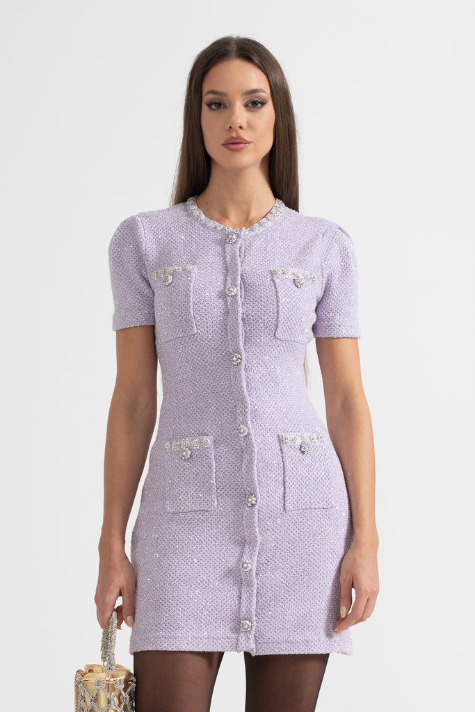 Textured Mini Dress With Front Pockets - Purple