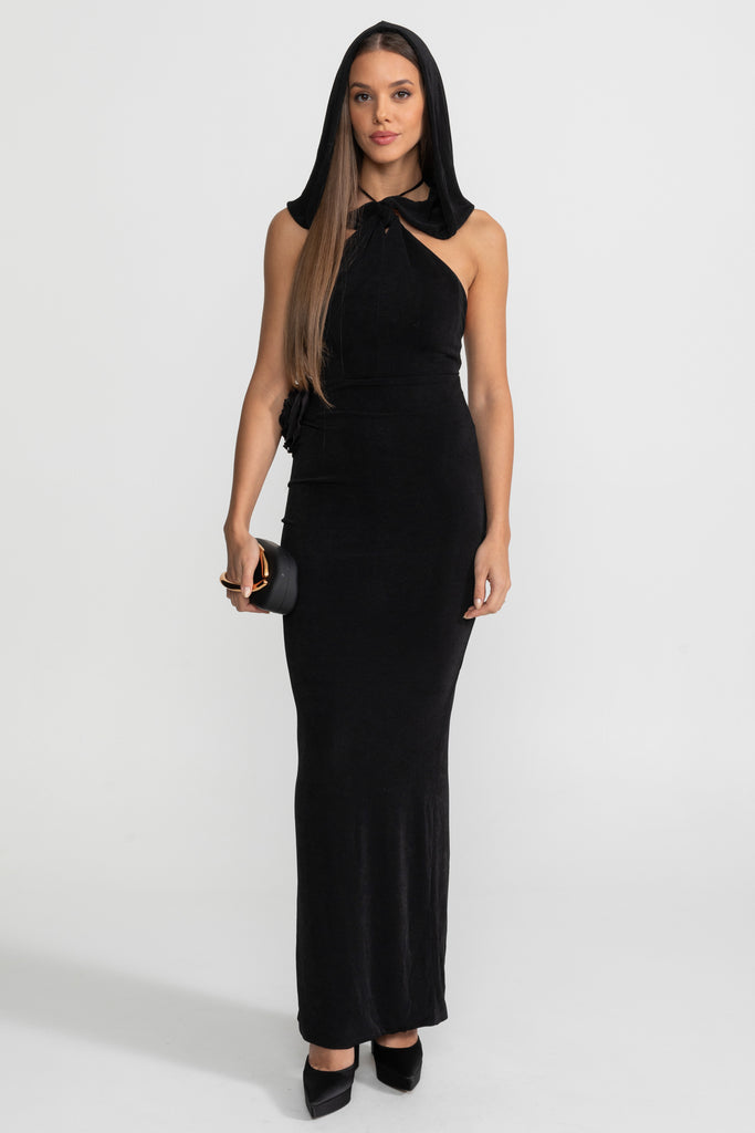 Velvet Maxi Dress with Draped Hood and Side Rosette - Black