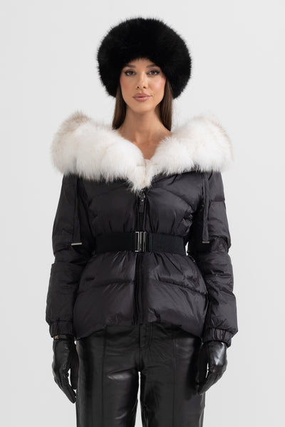 Black puffer coat with white fur hood online