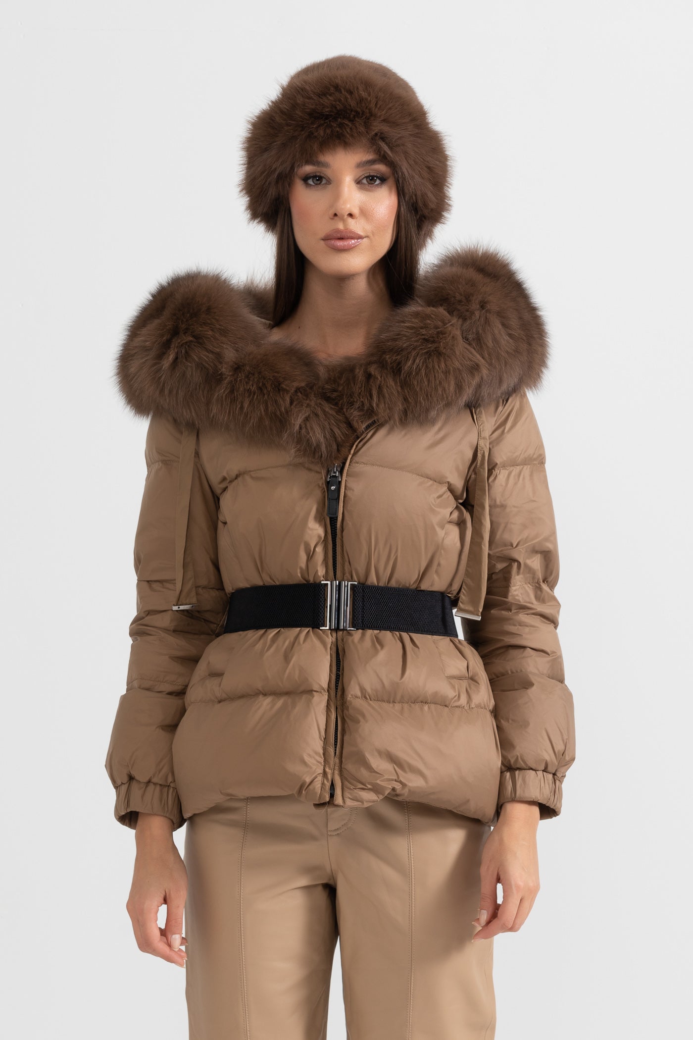 Puffer Jacket With Waistbelt And Brown Fox Fur-Lined Hood - Brown