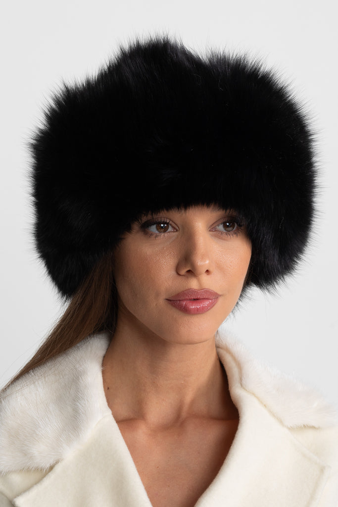 Fur Trimmed Hat With Pom-Pom Ties – Black