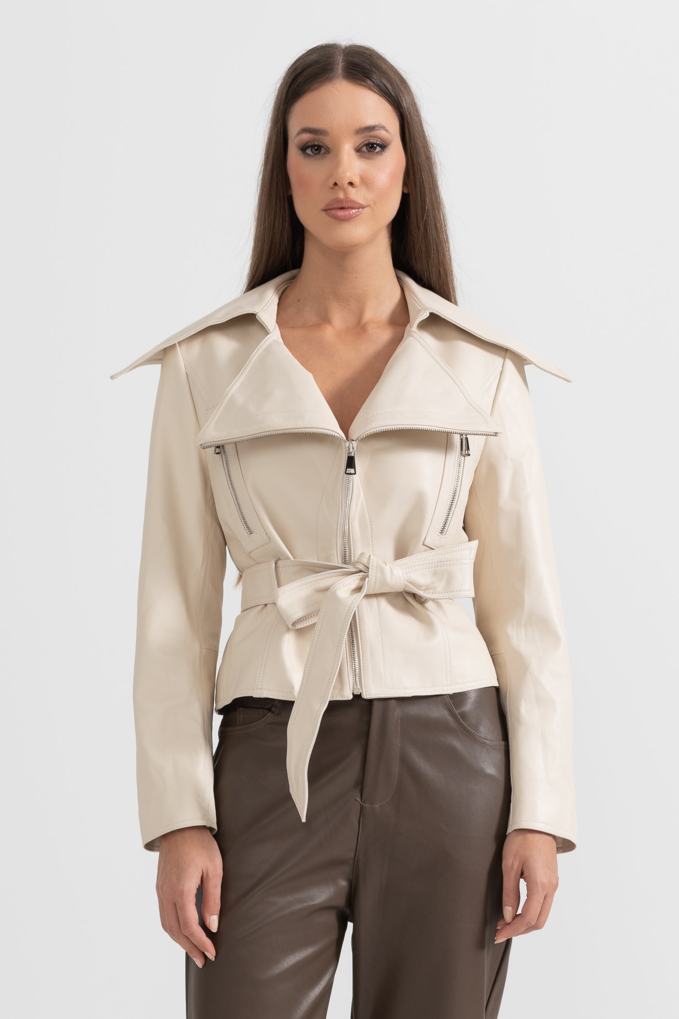 Wide Lapel Leather Jacket With Belt - Ivoire