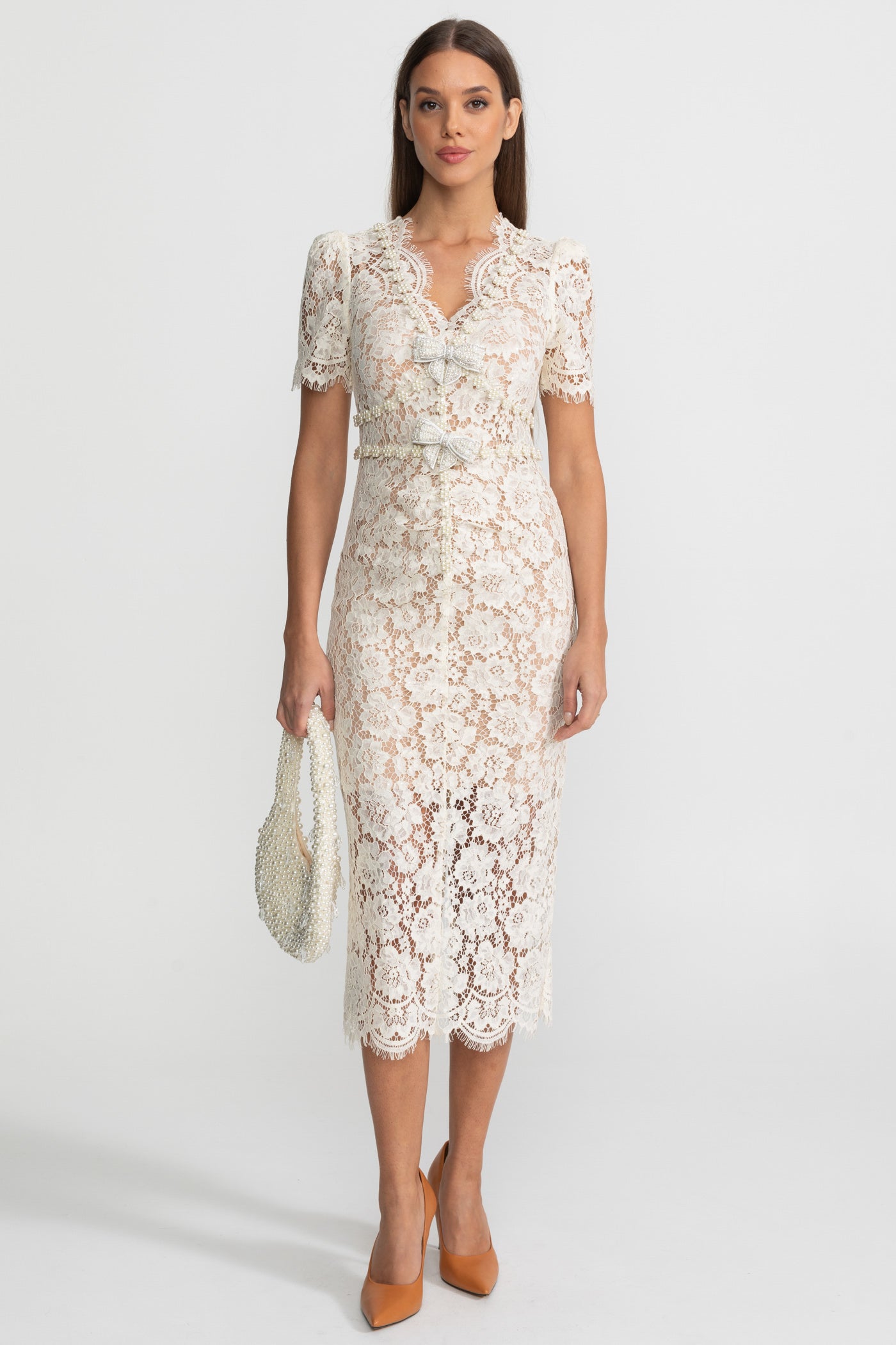 Embellished Lace Midi Dress With Bow Detailing – Ivoire