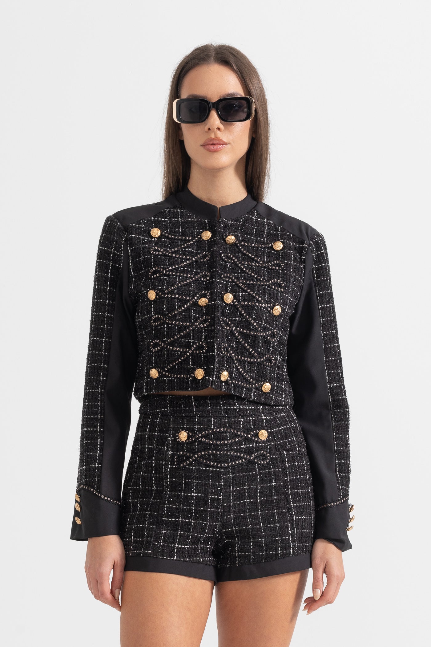 Two Piece Tweed Ensemble With Square Pattern And Gold Details - Black