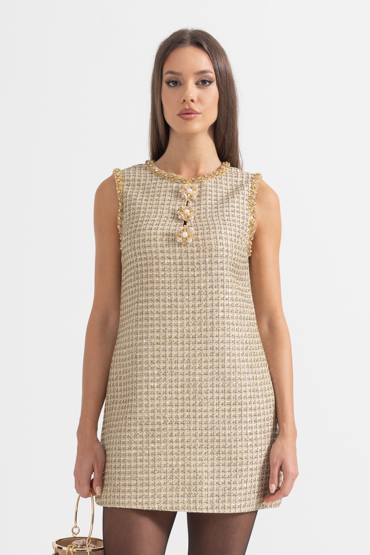 Patterned Mini Dress With Golden Accents - Gold