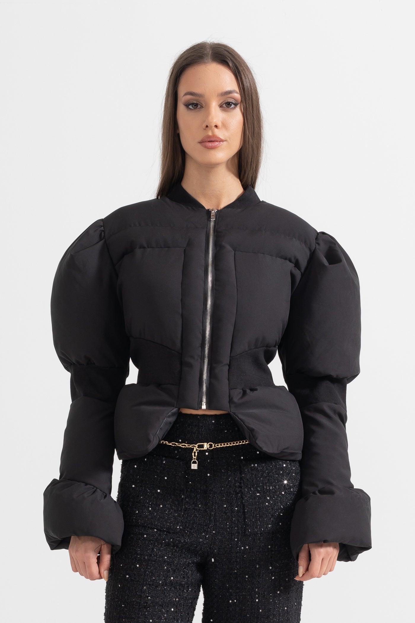 Fitted Blazer Black Woven Puff Sleeve Belted Jacket Cropped Puffer