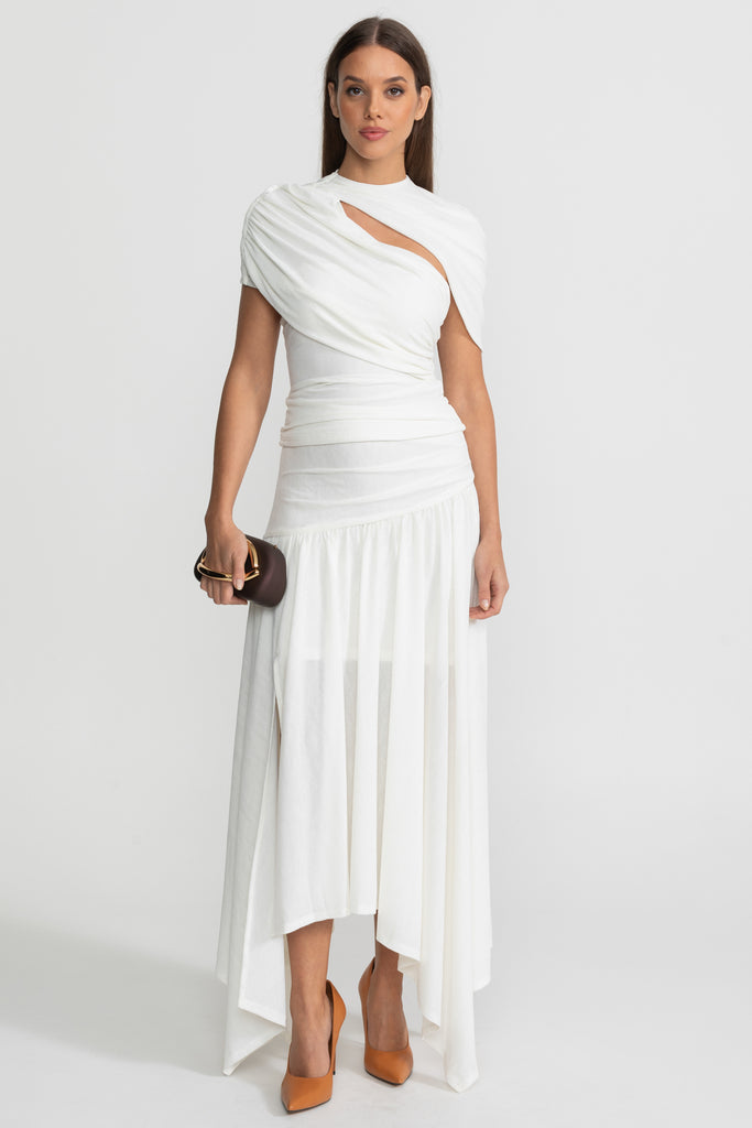 Asymmetric Jersey Dress with Draped Shoulder and Cutout Detail - White