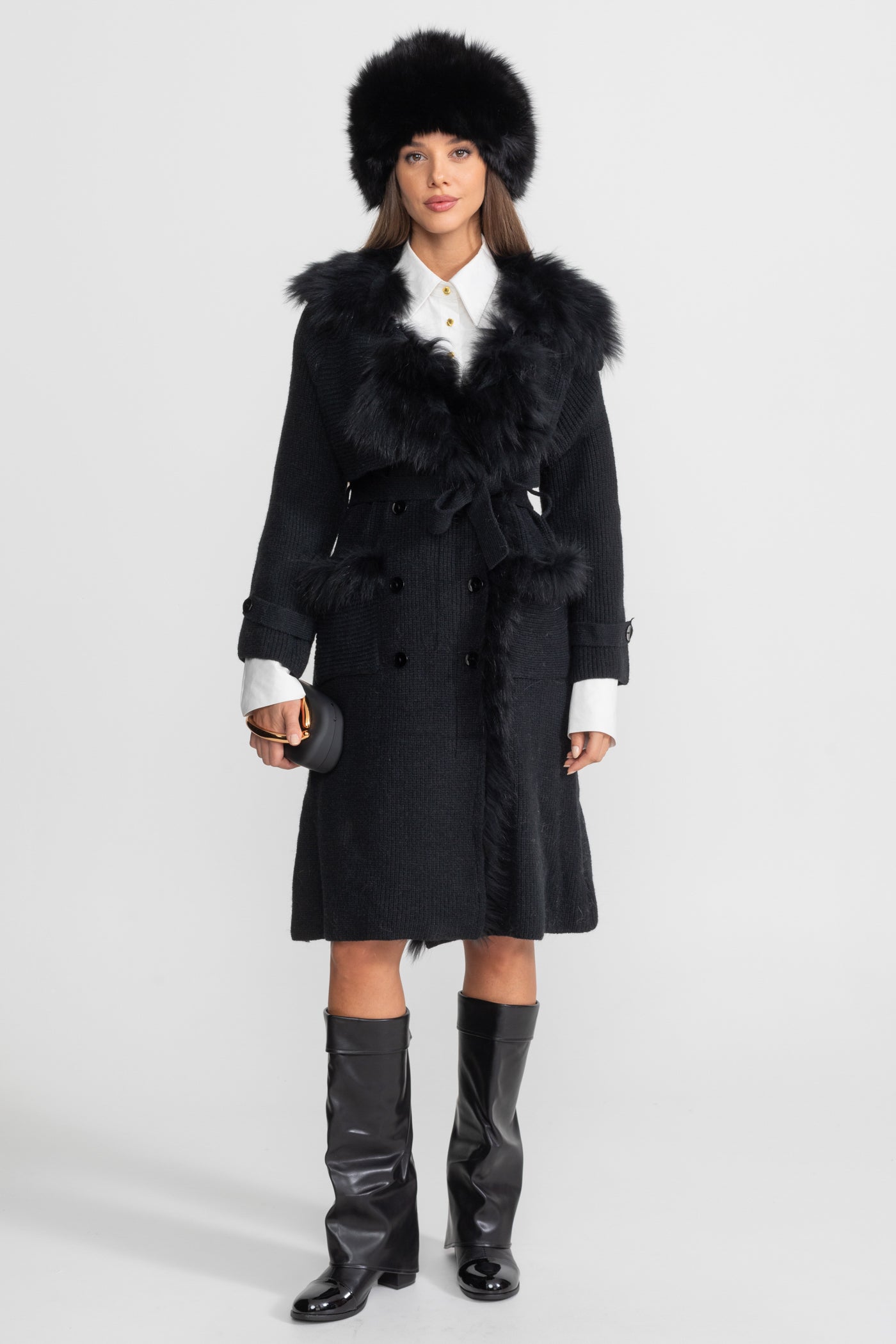 Double-Breasted Wool Knit Overcoat With Fur Trim – Black