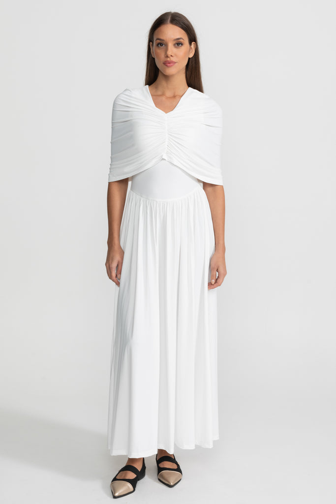 Gathered Jersey Maxi Dress with Cape Effect - White