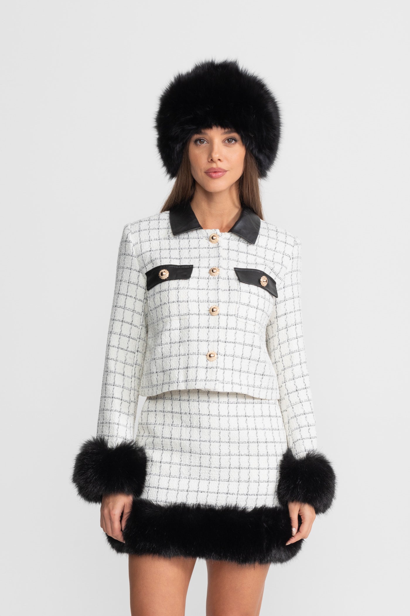 Tweed Co-Ord Set With Faux Fur Trim And Contrast Leather Details – Whi
